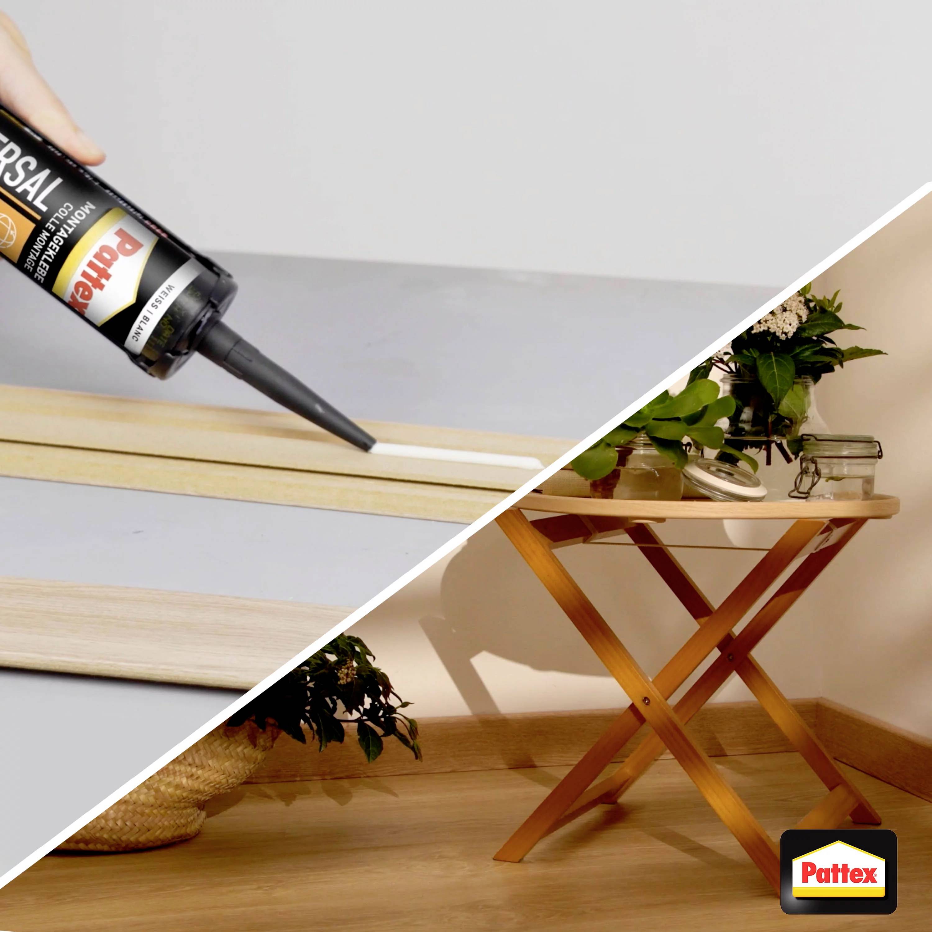 Oben: Eine Hand trägt Klebstoff auf Holz auf. Unten: Ein kleiner Holztisch mit Pflanzen darauf. Beide Szenen zeigen DIY-Elemente.