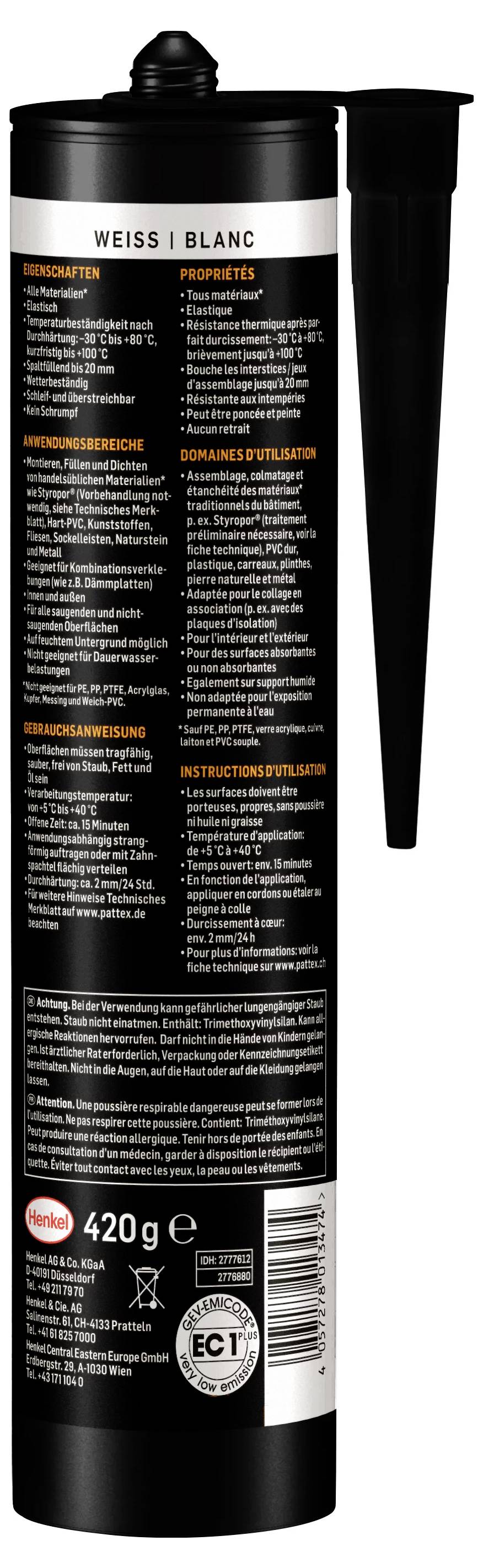 Eine schwarze Kartusche mit weißer und orangefarbener Schrift, enthält Dichtmittel 'Weiß', 420g. Produktinformationen mehrsprachig.