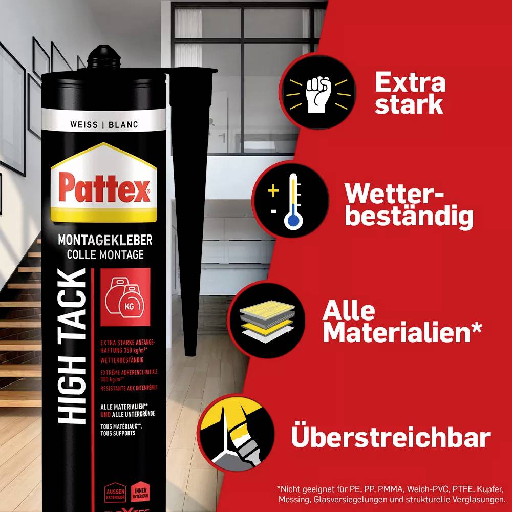Pattex Montagekleber in einer modernen Wohnung. Der Kleber ist extra stark, wetterbeständig und für fast alle Materialien geeignet.