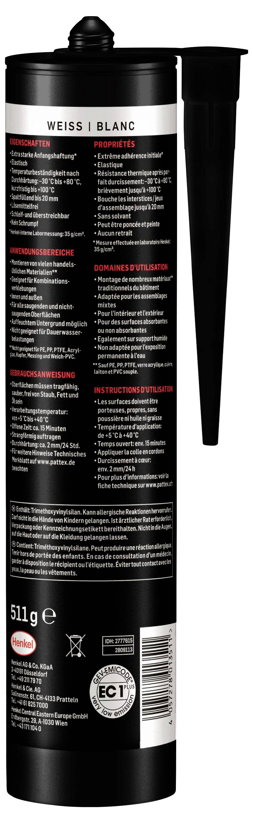 Eine schwarze Kartusche mit weißer und roter Schrift, gefüllt mit Dichtstoff. Enthält technische Details und Gebrauchsanweisung.