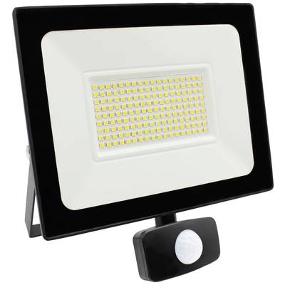 Ein LED-Fluter mit Bewegungssensor, geeignet für Außenbeleuchtung, zeigt zahlreiche leuchtende LEDs innerhalb eines rechteckigen Rahmens.