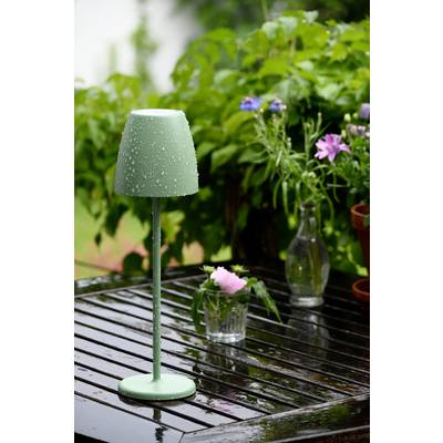 Eine nasse, grüne Lampe steht auf einem regennassen Tisch im Garten. Im Hintergrund sind grüne Pflanzen und Blumen in Gläsern zu sehen.