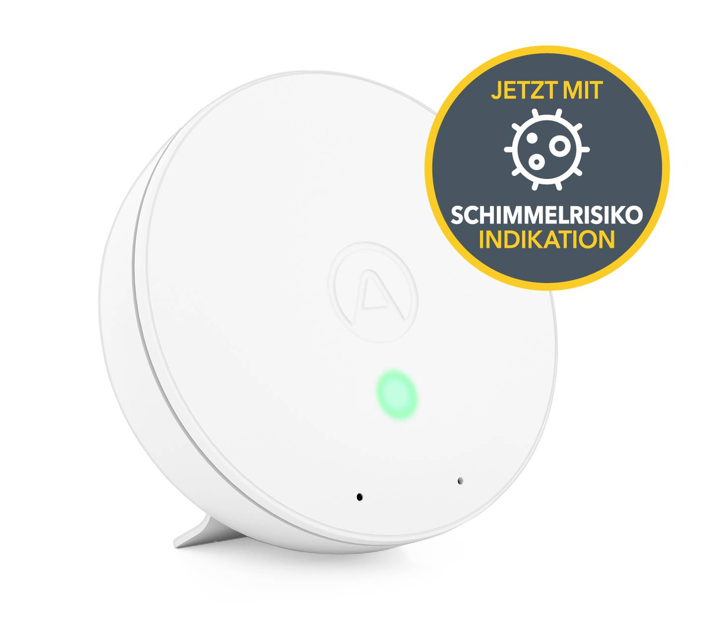 Ein weißes Rundgerät mit einem leuchtenden grünen Punkt. Daneben ein Badge mit der Aufschrift 'Jetzt mit Schimmelrisikoindikation'.