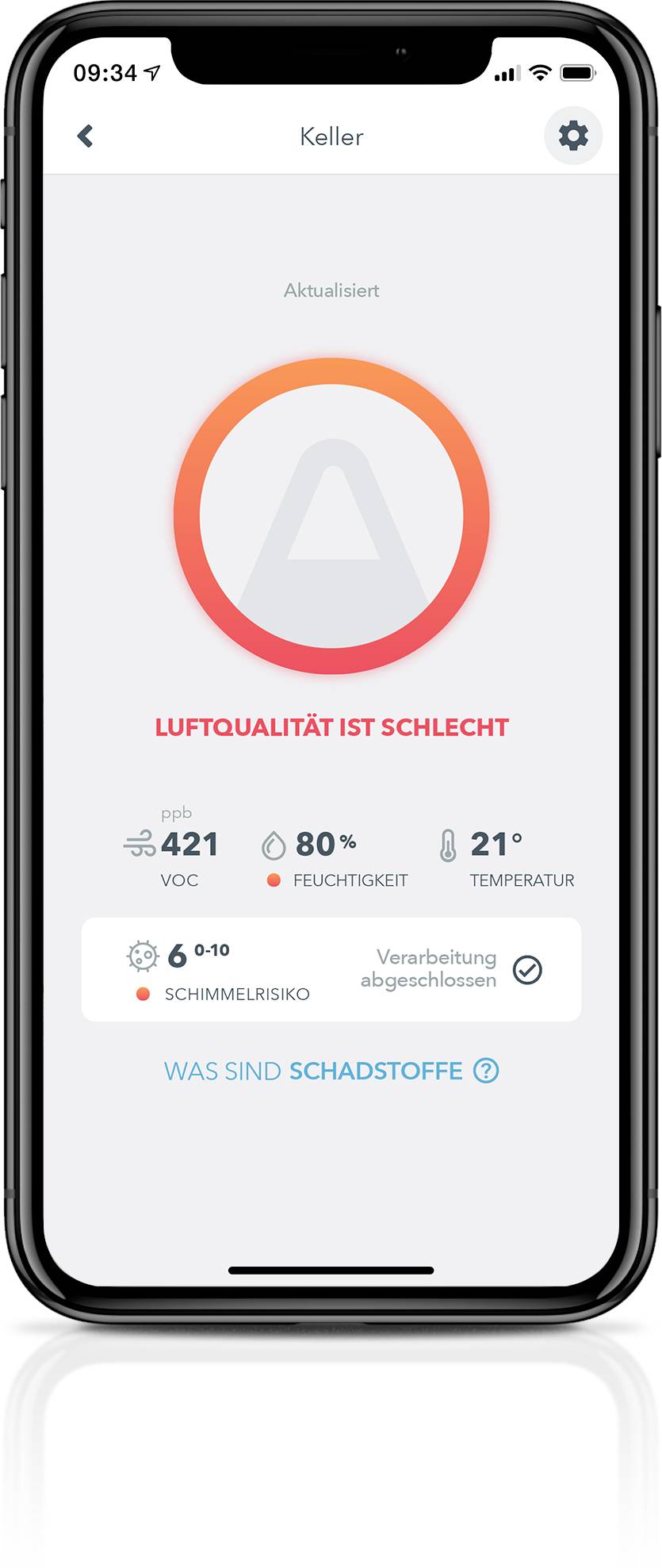Smartphone-Anzeige zeigt schlechte Luftqualität im Keller: VOC 421, Feuchtigkeit 80%, Temperatur 21°C. Schimmelrisiko hoch.