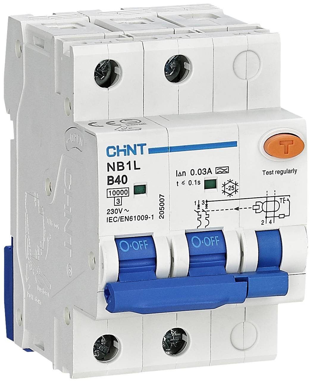Ein weißer und blauer Leistungsschalter mit der Aufschrift 'NB1L B40 230V IEC/EN61009-1' und einem orangefarbenen Testknopf.