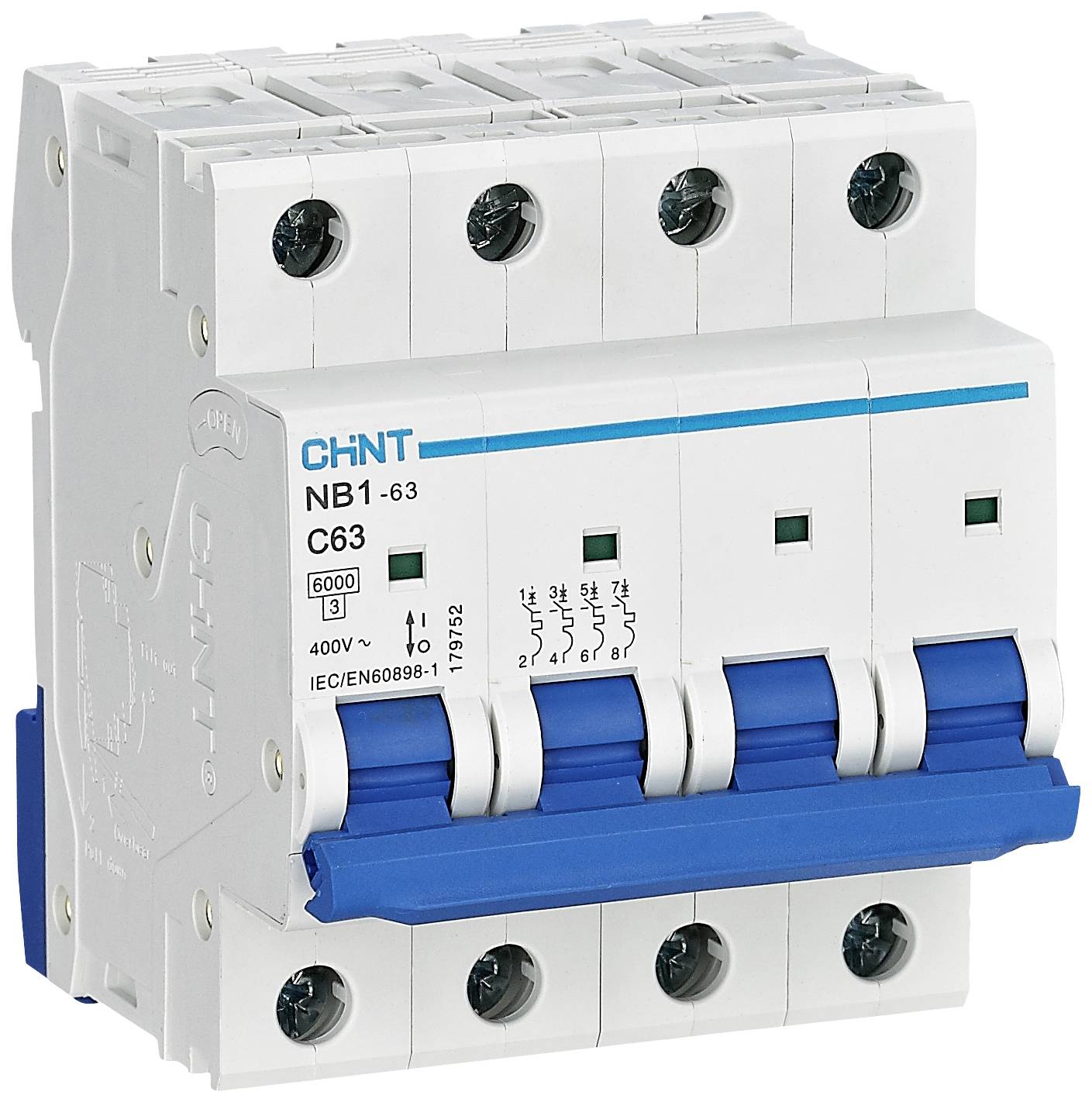 Ein elektrischer Leistungsschalter von Chint, Modell NB1-63, geeignet für 400V, 63A. Zeigt drei Schalter und technische Symbole.