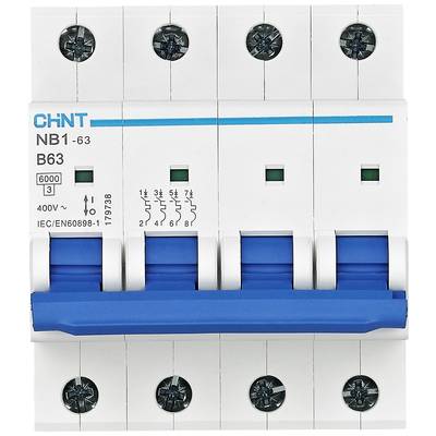 'Sicherungsautomat mit blauem Schalter, markiert als Chint NB1-63 B63, 400V, IEC/EN60898-1, kennzeichnet elektrische Schutztechnik.'