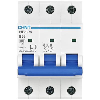 Leistungsschalter mit der Aufschrift 'NB1-63 B63', zeigt Kapazität von 400V und 63A. Markenname oben links, blaue Kipphebel unten.