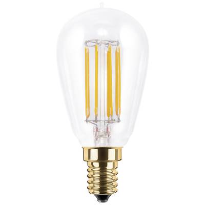Eine klare Glühbirne im Vintage-Stil mit sichtbaren Filamenten und einem goldenen Sockel.