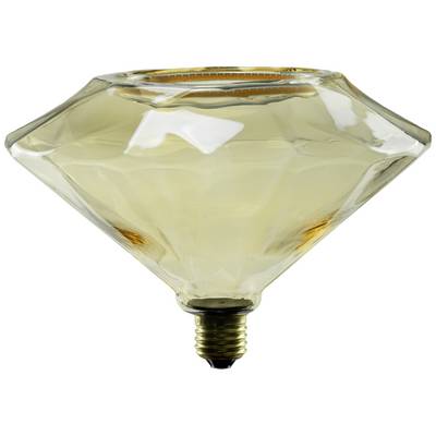 Eine große, diamantförmige Glühbirne aus bernsteinfarbenem Glas mit sichtbarem Gewinde unten. Ideal für dekorative Beleuchtung.