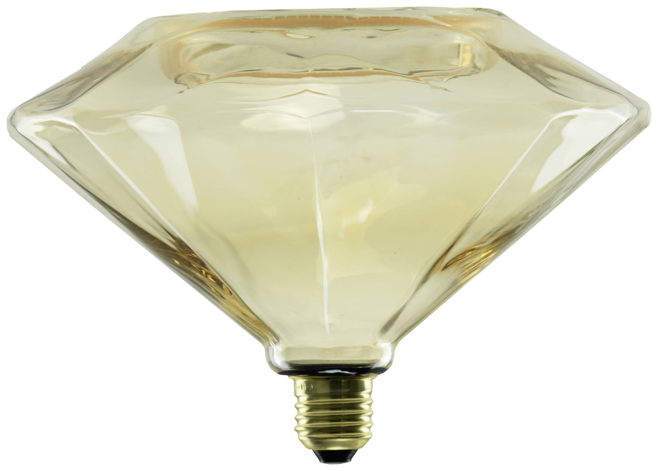 Eine glühbirnenförmige Lampe in Diamantform mit goldbrauner Tönung und einer Edison-Schraubfassung am unteren Ende.