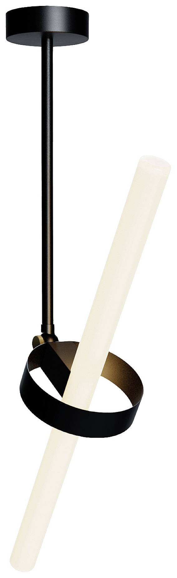 Hängelampe mit schwarz-weißer minimalistischer Konstruktion; zeigt eine helle Lichtquelle mit schwarzem Metallband in modernem Design.