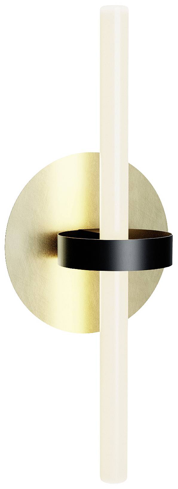Wandleuchte mit goldenem, runden Hintergrund, vertikaler weißer Leuchtstab, gehalten von schwarzer Metallhalterung.