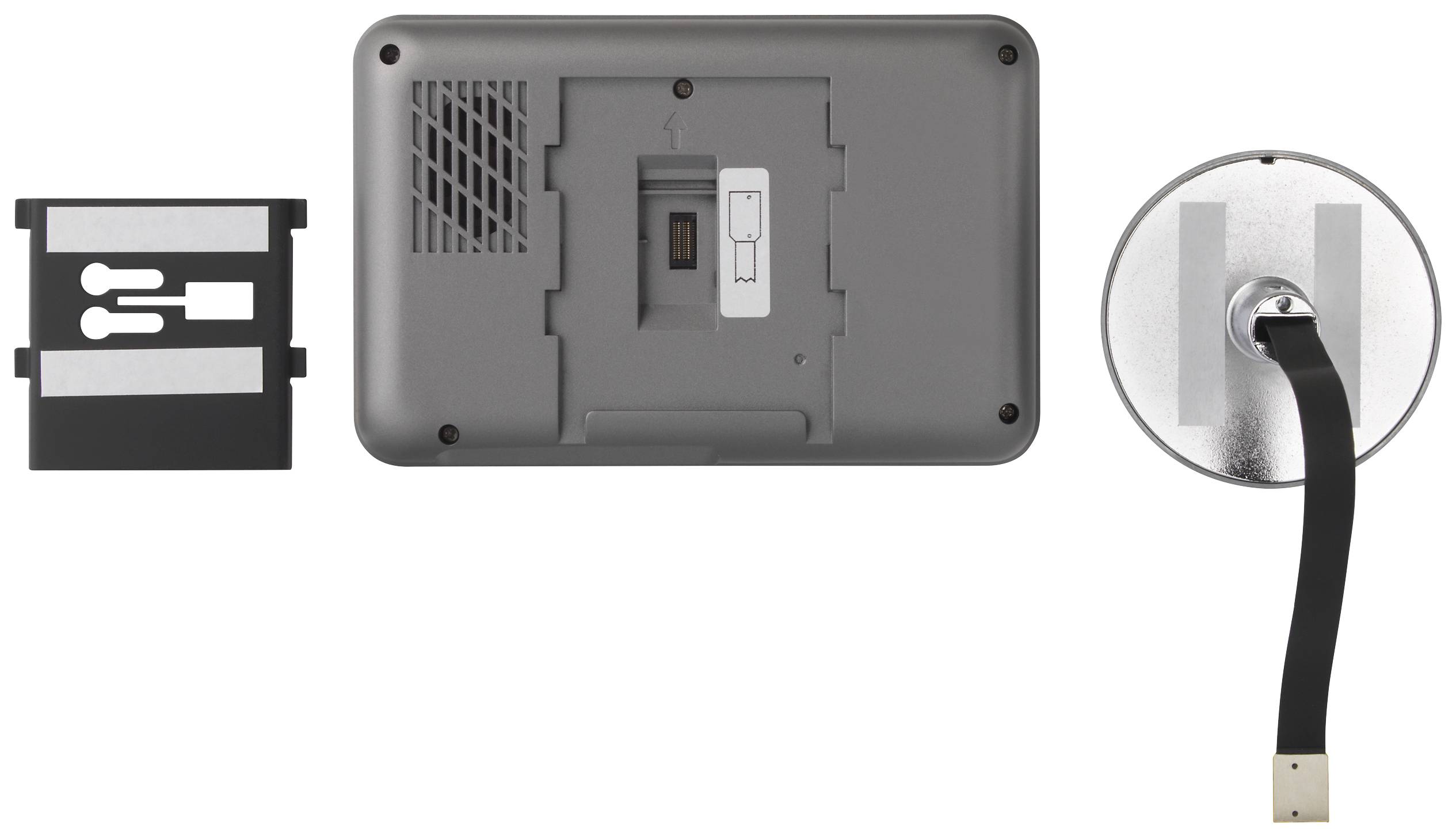 Ein Fingerabdruckscanner mit geöffneter Rückseite zeigt den Platz für die Fingerabdruckkarte und ein flexibles Band für die Verbindung.