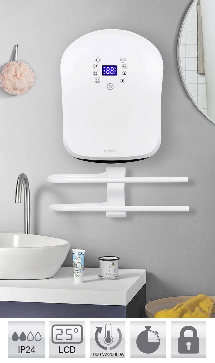 Ein elektrischer Handtuchhalter mit digitalem Display und Temperaturregelung. Befindet sich in einem modernen Badezimmer neben einem Waschbecken. Symbole zeigen Funktionen wie IP24-Schutz.