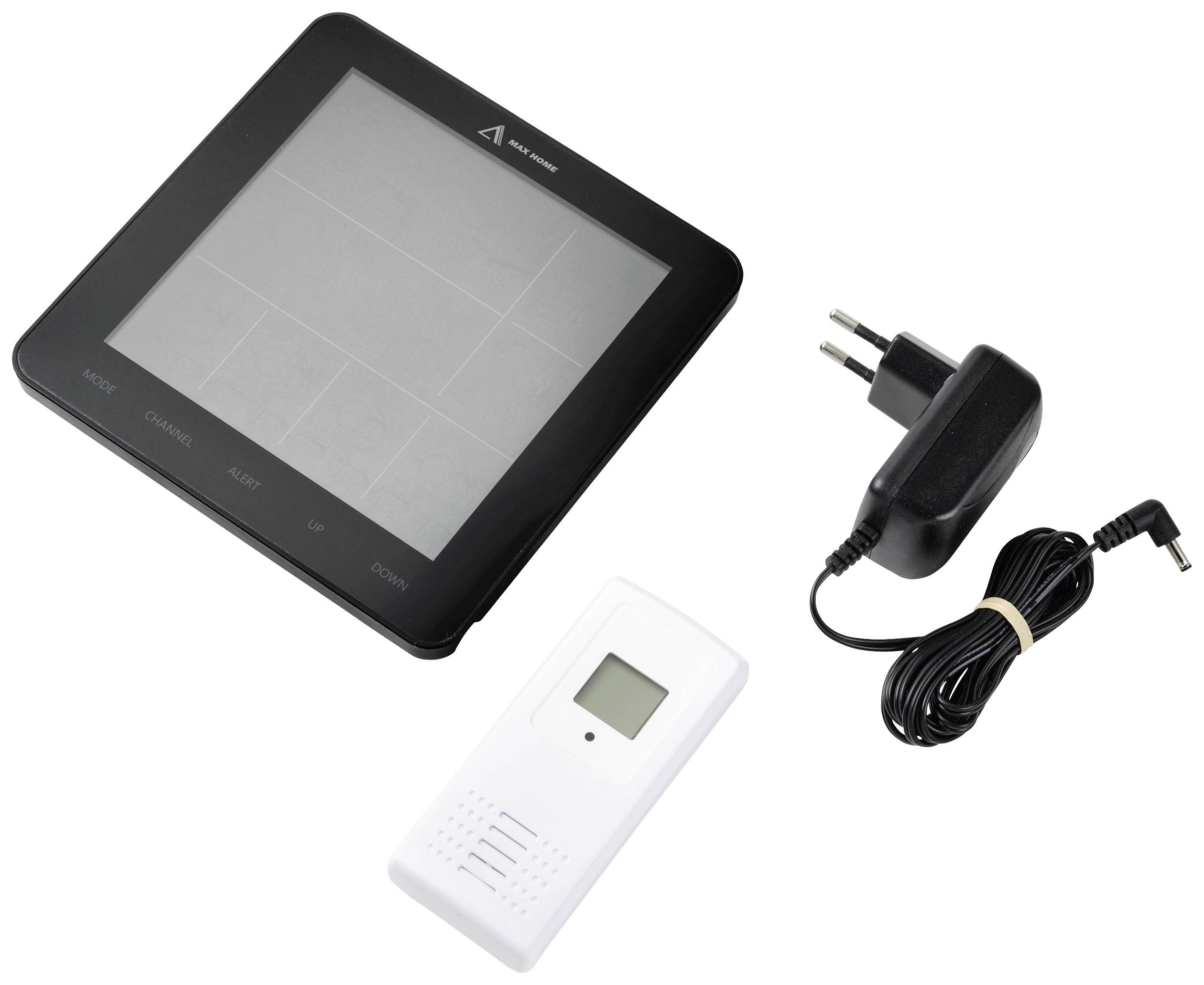 Digitales Wetterstation-Set mit Display, Außensensor und Netzadapter. Hauptfunktionen: Wettervorhersage, Temperaturanzeige.