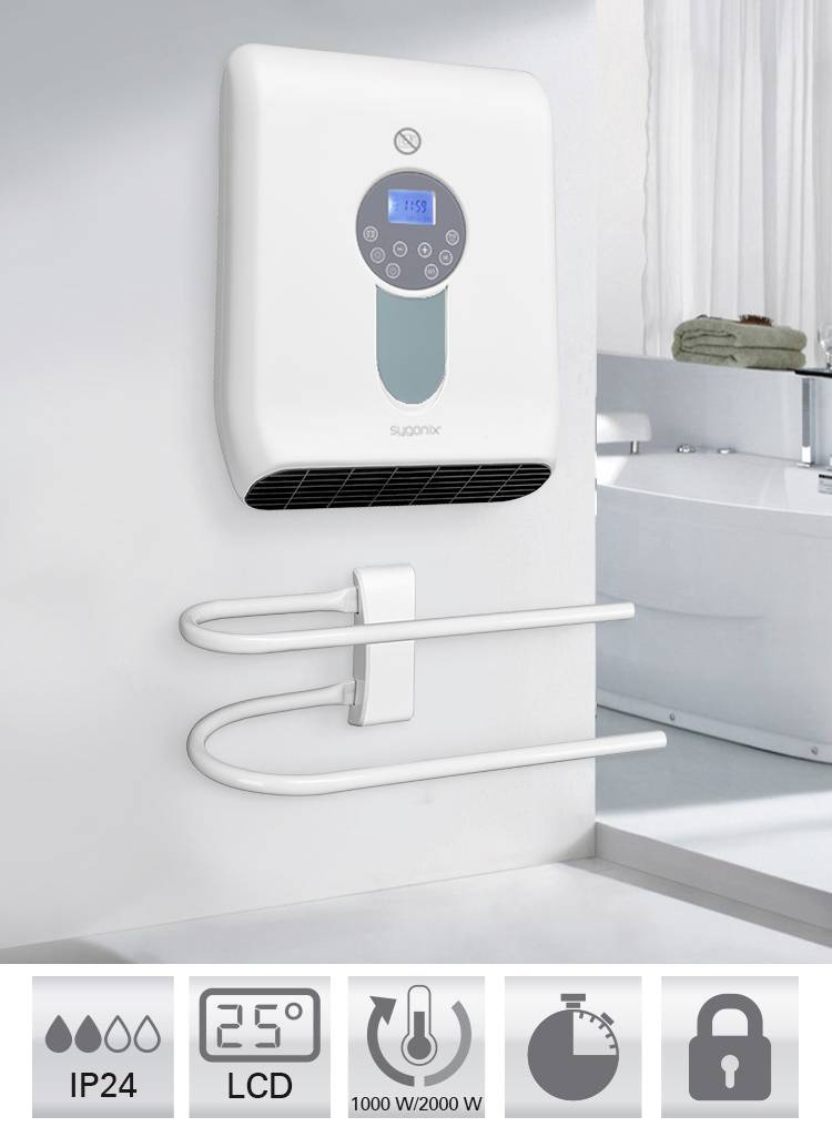 Weißer elektrischer Handtuchtrockner mit grauem Bedienfeld und LED-Anzeige. Symbole darunter zeigen IP24, LCD, 1000/2000 W und Schlossschutz. Badezimmer im Hintergrund.