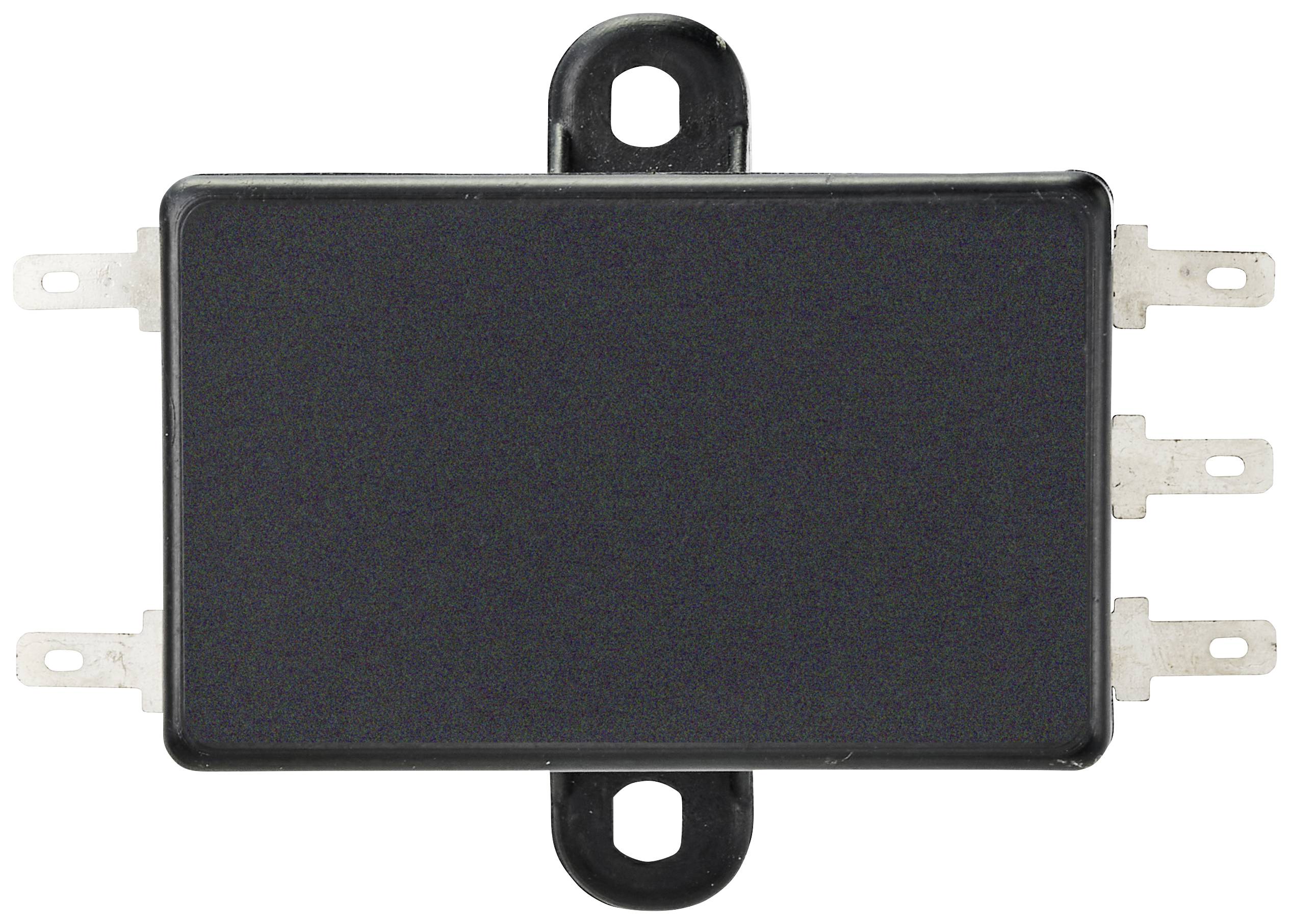 Ein rechteckiges, schwarzes elektronisches Bauteil mit sechs Metallkontakten an den Seiten, vermutlich ein Relais oder eine ähnliche Komponente.