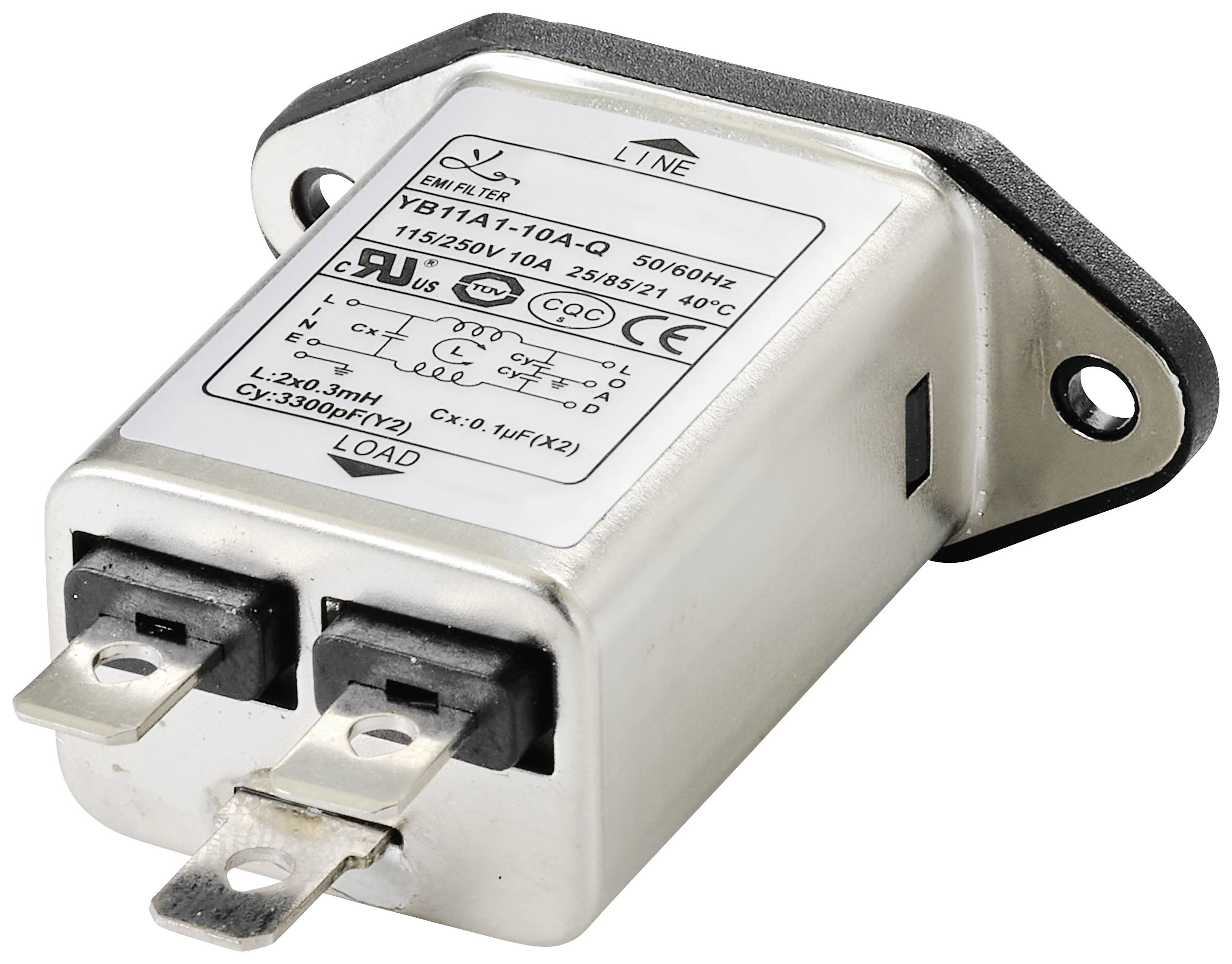 Metallgehäuse eines Netzfilters mit zwei Anschlüssen, Beschriftung zeigt technische Spezifikationen für den elektrischen Einsatz.