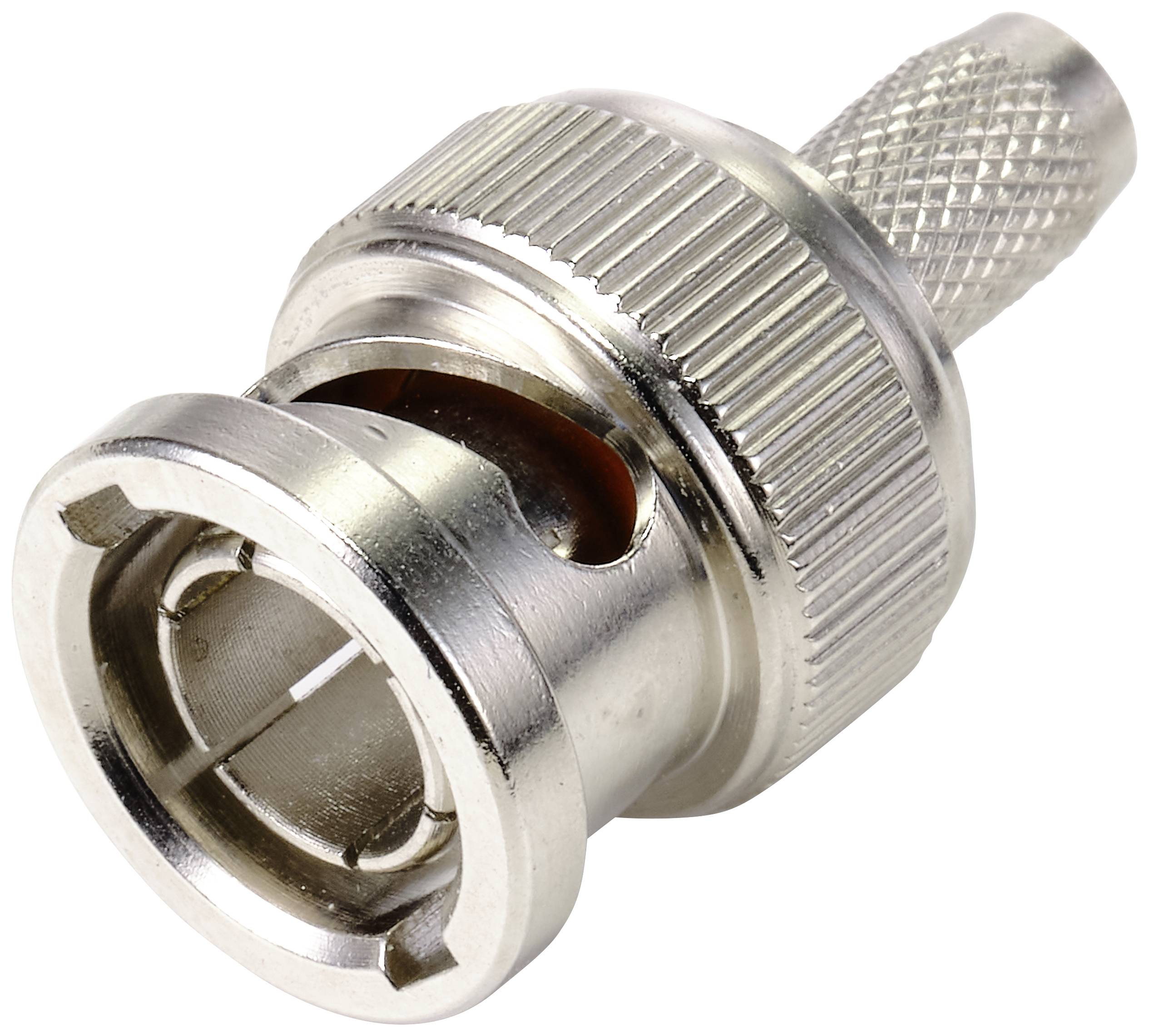 BNC-Stecker aus Metall, silberfarben, mit geriffeltem Griff und Bajonettverschluss, zur Verbindung von Koaxialkabeln.