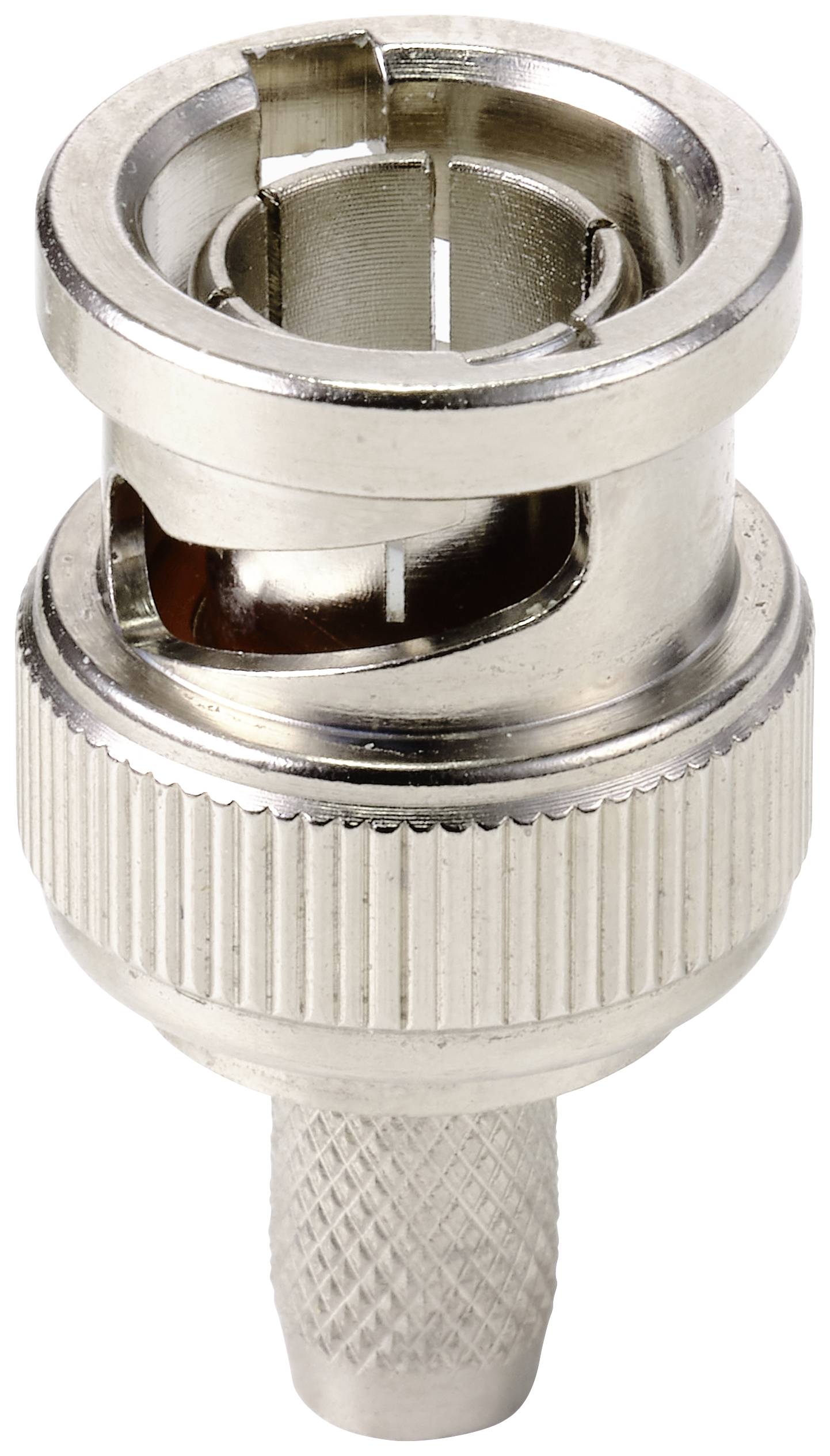 Ein einzelner BNC-Stecker aus Metall für Koaxialkabel, gezeigt in Nahaufnahme. Eignet sich zur Verbindung von Audio- und Videosignalen.