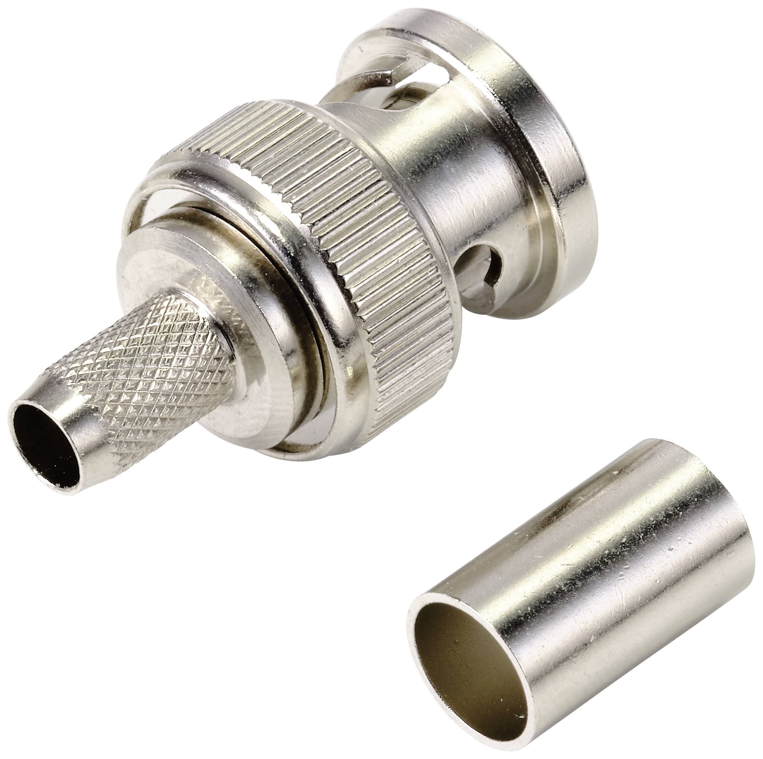 Metall-Steckverbinder und passende Hülse. Der Steckverbinder hat ein gerändeltes Gehäuse für besseren Halt bei der Montage.