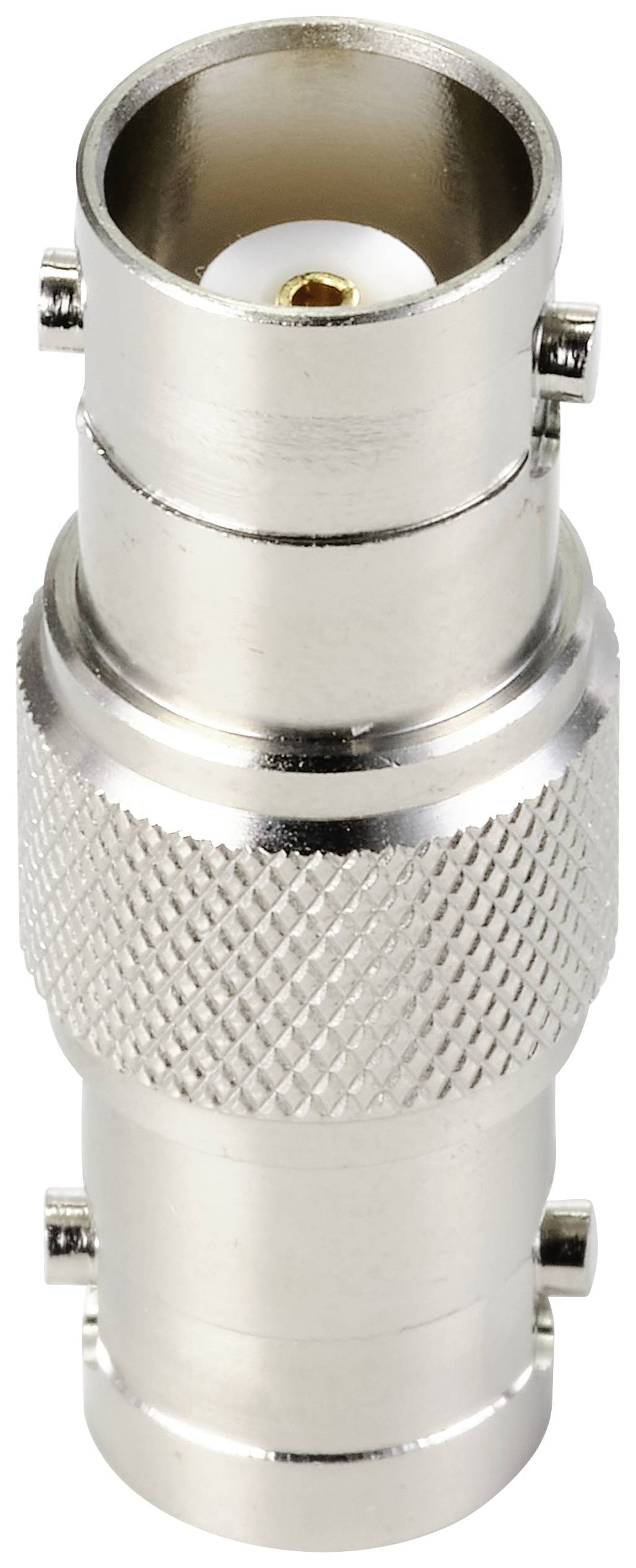Ein silberner Koaxialsteckeradapter mit geriffelter Oberfläche und Bajonettverschluss, geeignet für Hochfrequenzverbindungen.