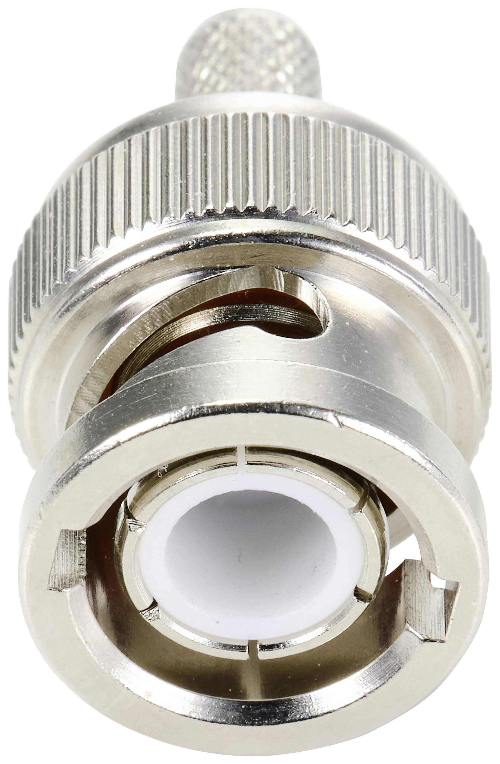 Metallischer Koaxialstecker mit geriffeltem Gehäuse und zentralem weißen Isolator, geeignet für Antennen- oder TV-Verbindungen.