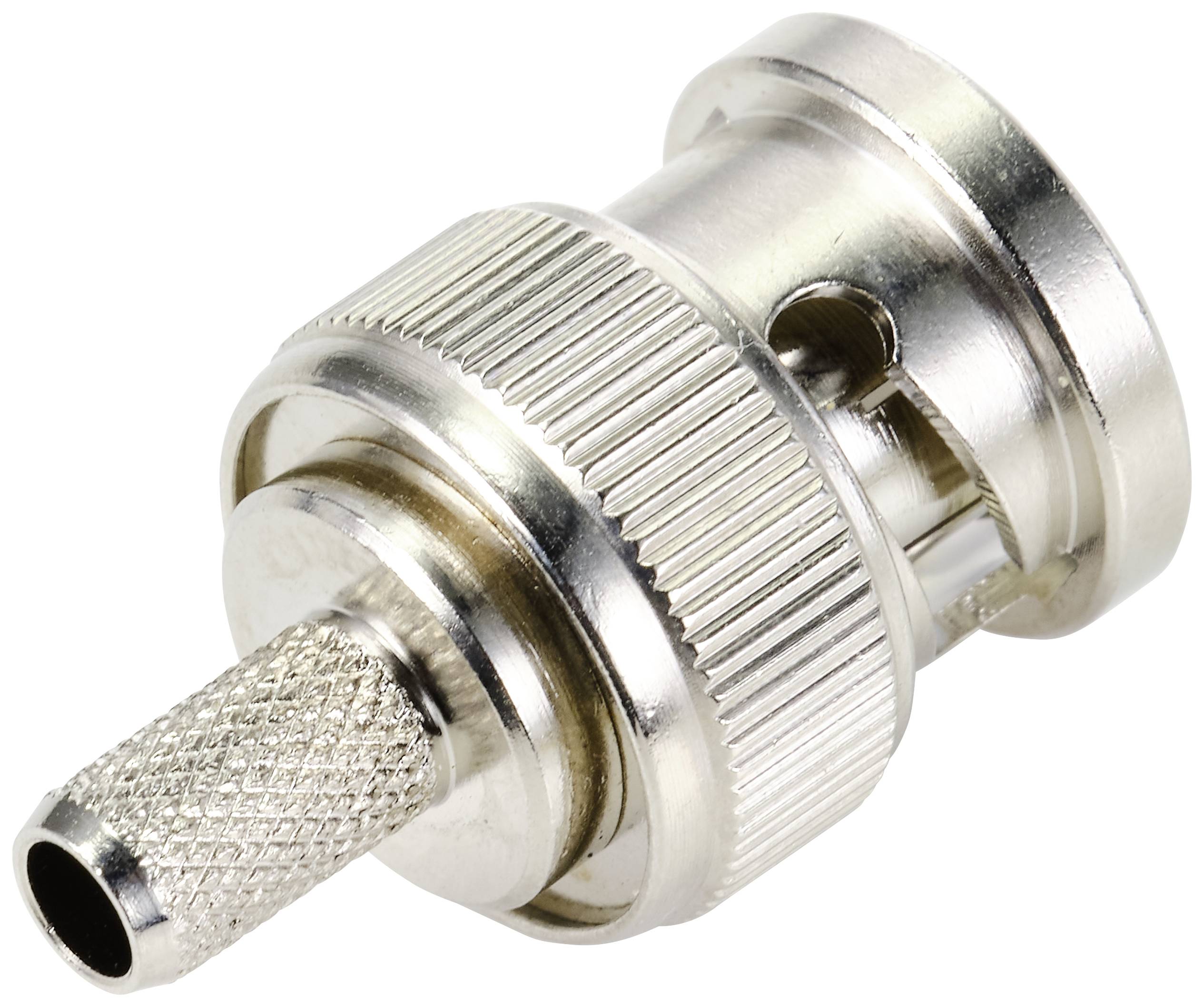 Metallischer Koaxialstecker, zylindrische Form, mit geriffeltem Griffstück und glattem Ende, zur Datenübertragung in Kabelverbindungen.