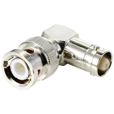 Ein BNC-Stecker, verwendet für koaxiale Kabelverbindungen in Funk- und Fernsehtechnik, geformt mit einem rechten Winkel zur Platzersparnis.