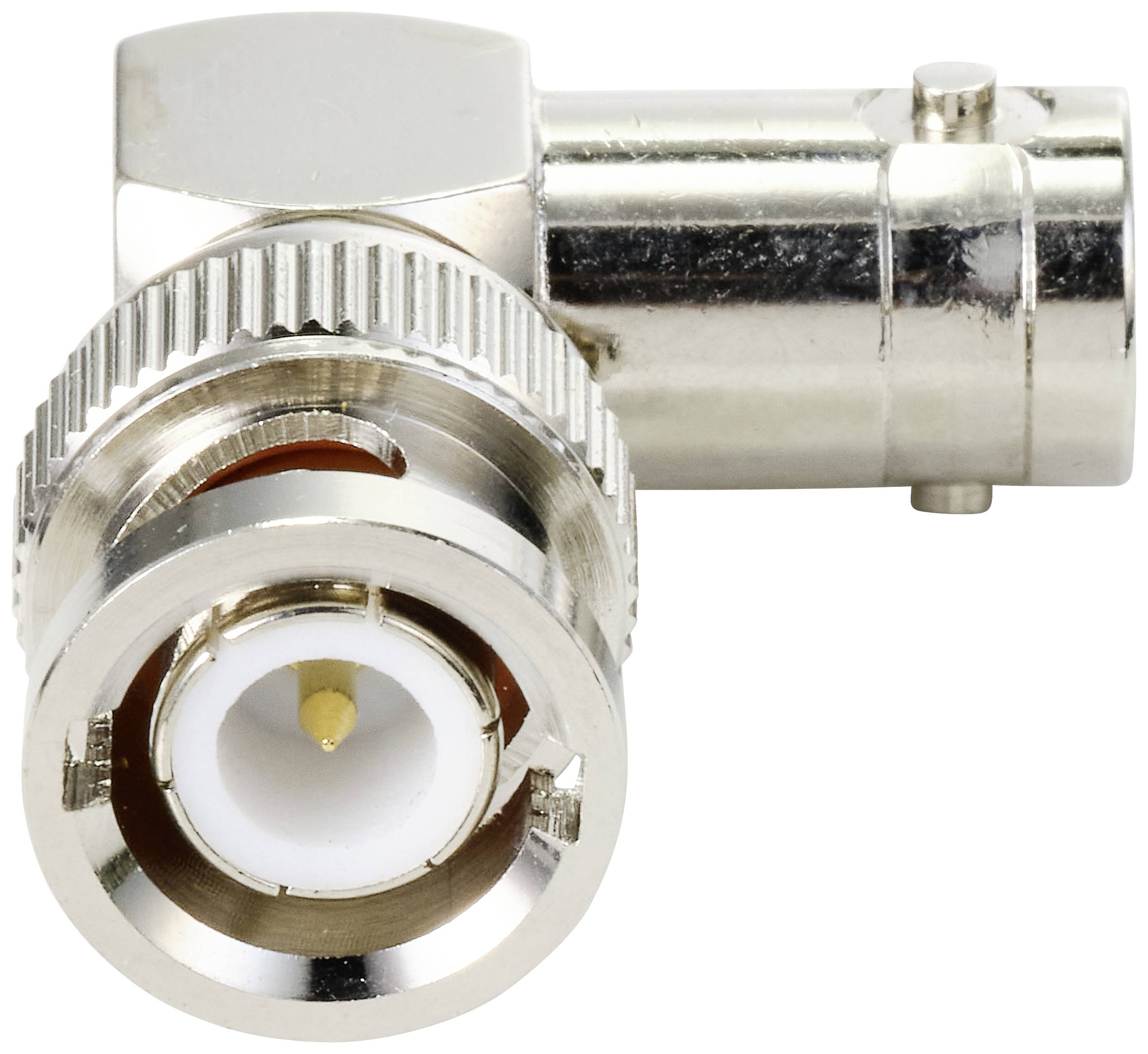 Ein metallischer BNC-Stecker in L-Form, der zur Verbindung von Koaxialkabeln in elektronischen Geräten verwendet wird.