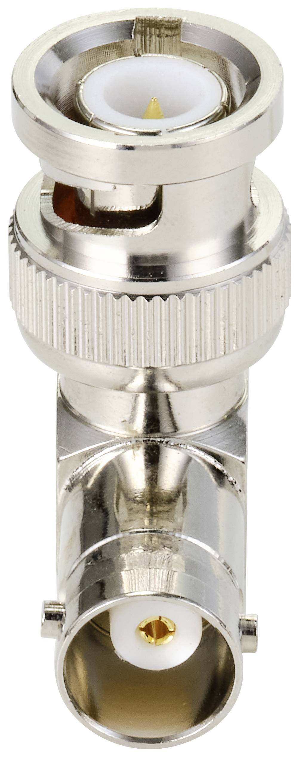 Ein silberner BNC-Stecker, vertikal ausgerichtet, mit sichtbarem zentralem Stift und Metallhalterung zur Verbindung in elektronischen Geräten.