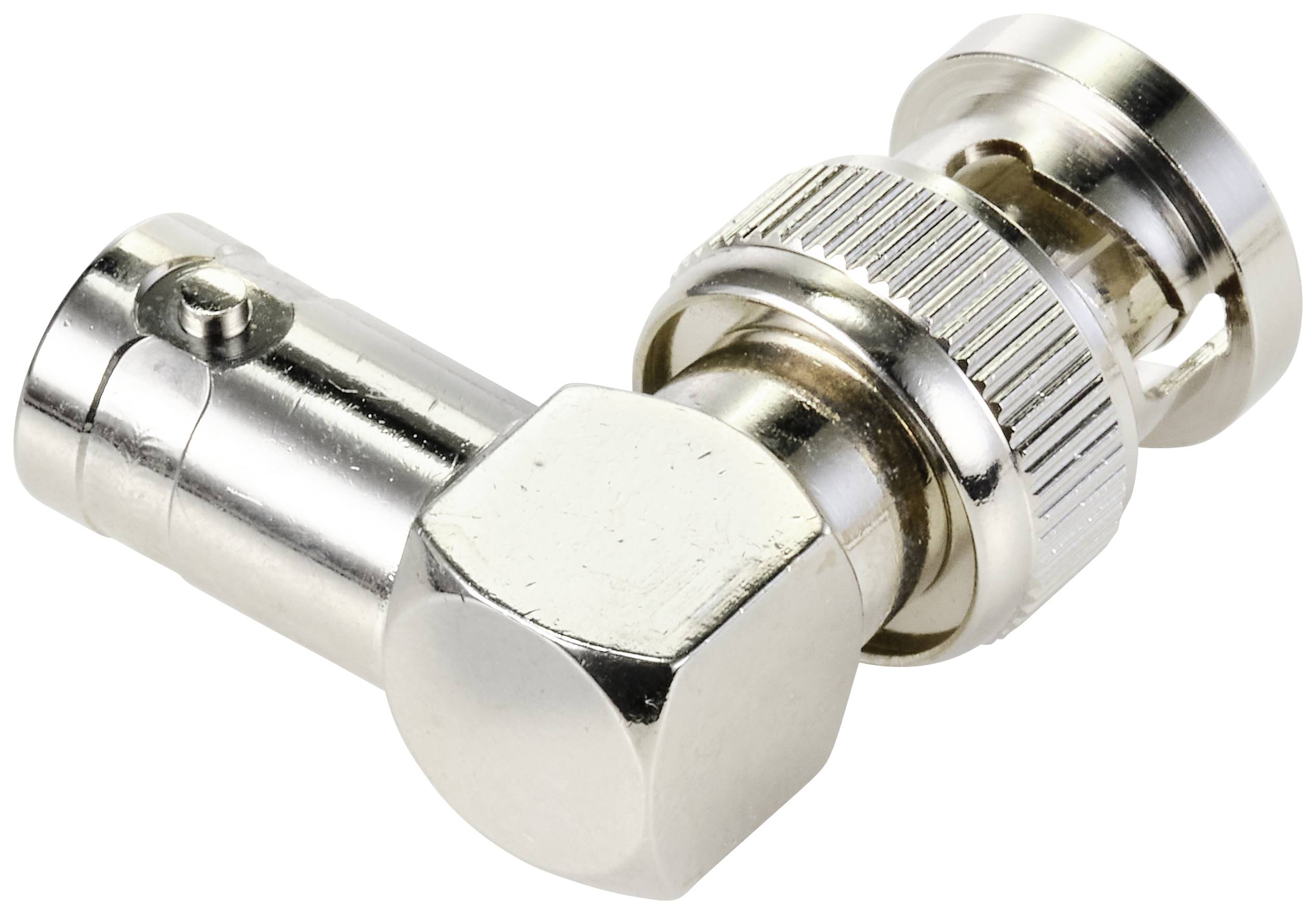 Ein silberner BNC-Stecker mit Winkeladapter wird dargestellt, geeignet zur Verbindung von Koaxialkabeln in Audio- und Videoanwendungen.