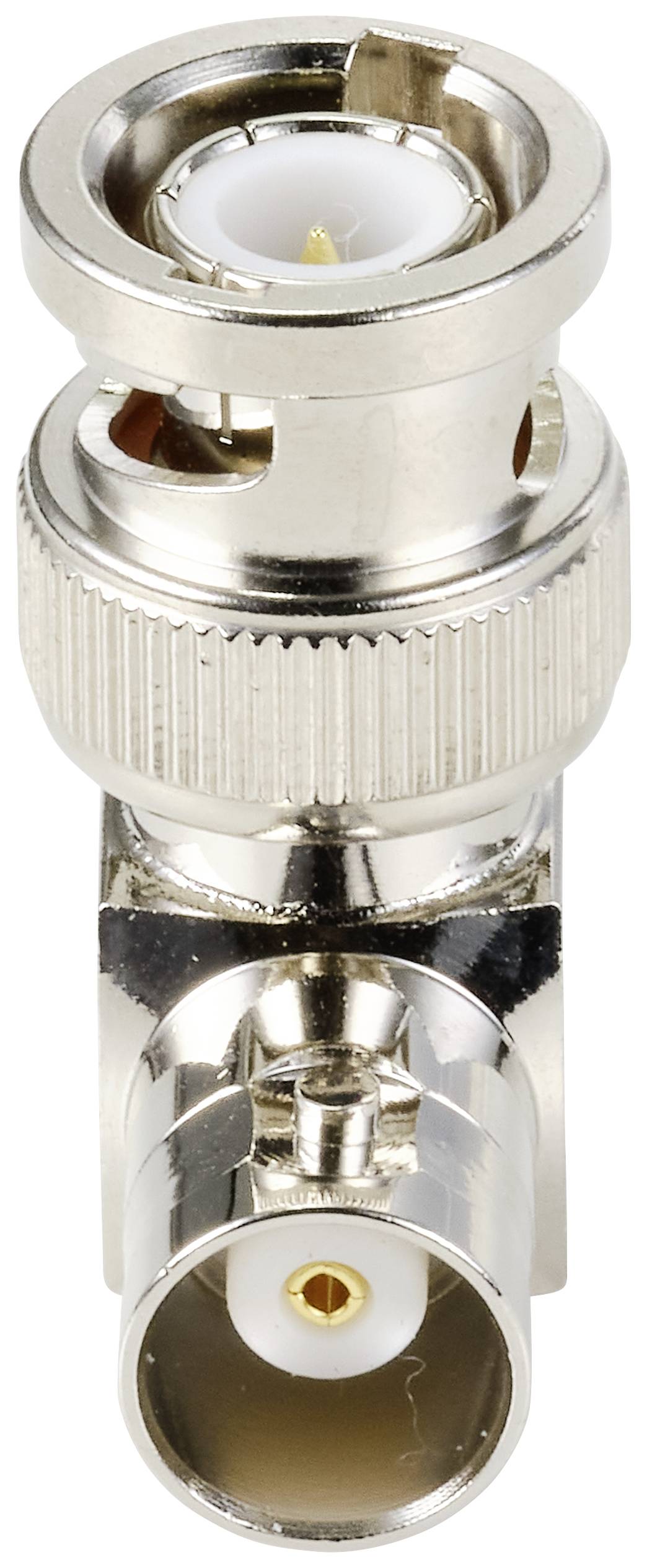 Ein BNC-T-Stecker in Metalloptik mit zwei seitlichen Buchsen und einer zentralen männlichen Verbindung, typisch für Koaxialkabel.