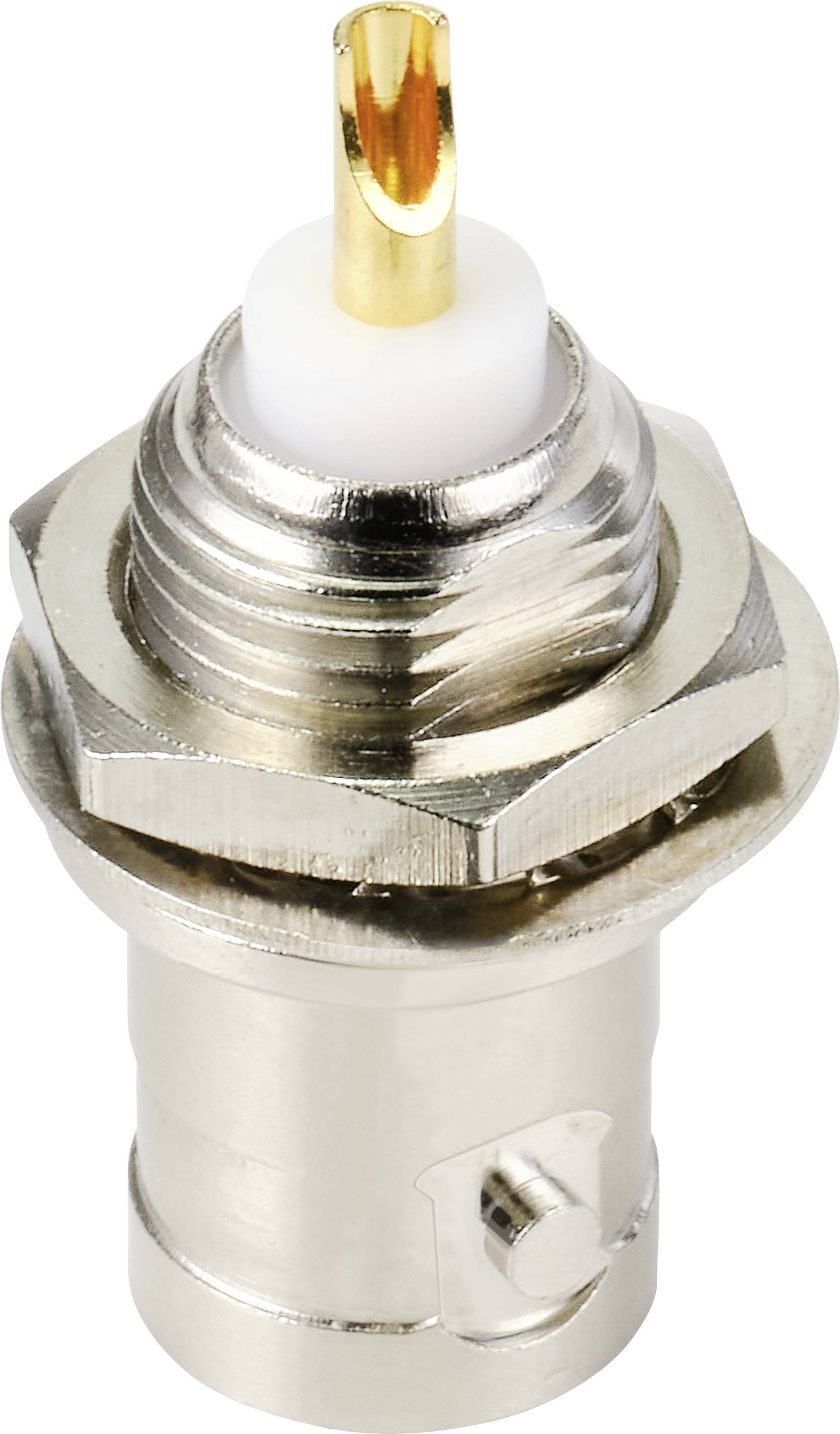 'Ein HF-Steckverbinder mit goldbeschichtetem Stift und Metallgehäuse, verwendet für Hochfrequenzsignale in technischen Geräten.'