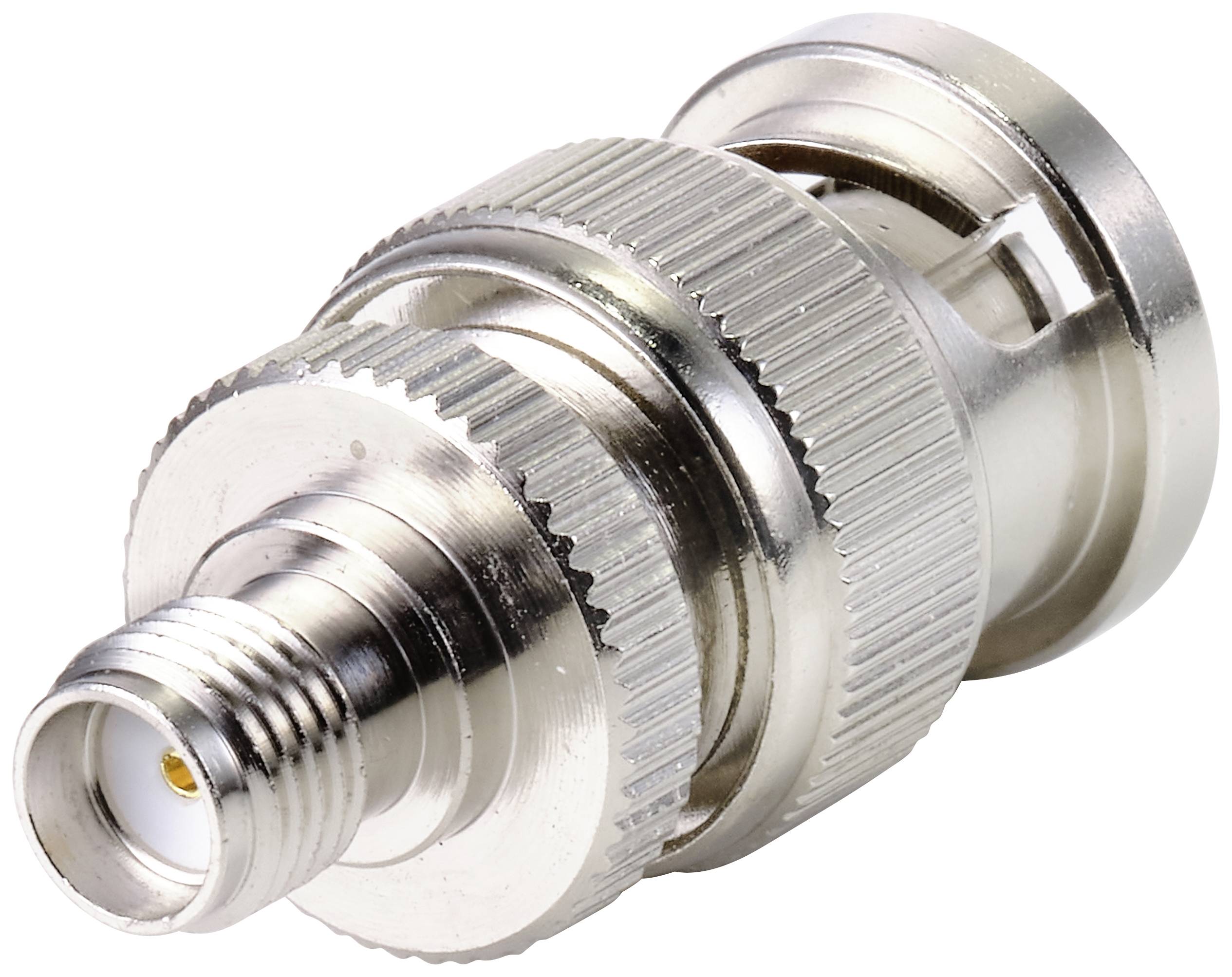 Ein silberfarbener Koaxialadapter mit verschraubbaren Steckverbindern; verwendet zur Signalübertragung in Elektronik und Kommunikation.