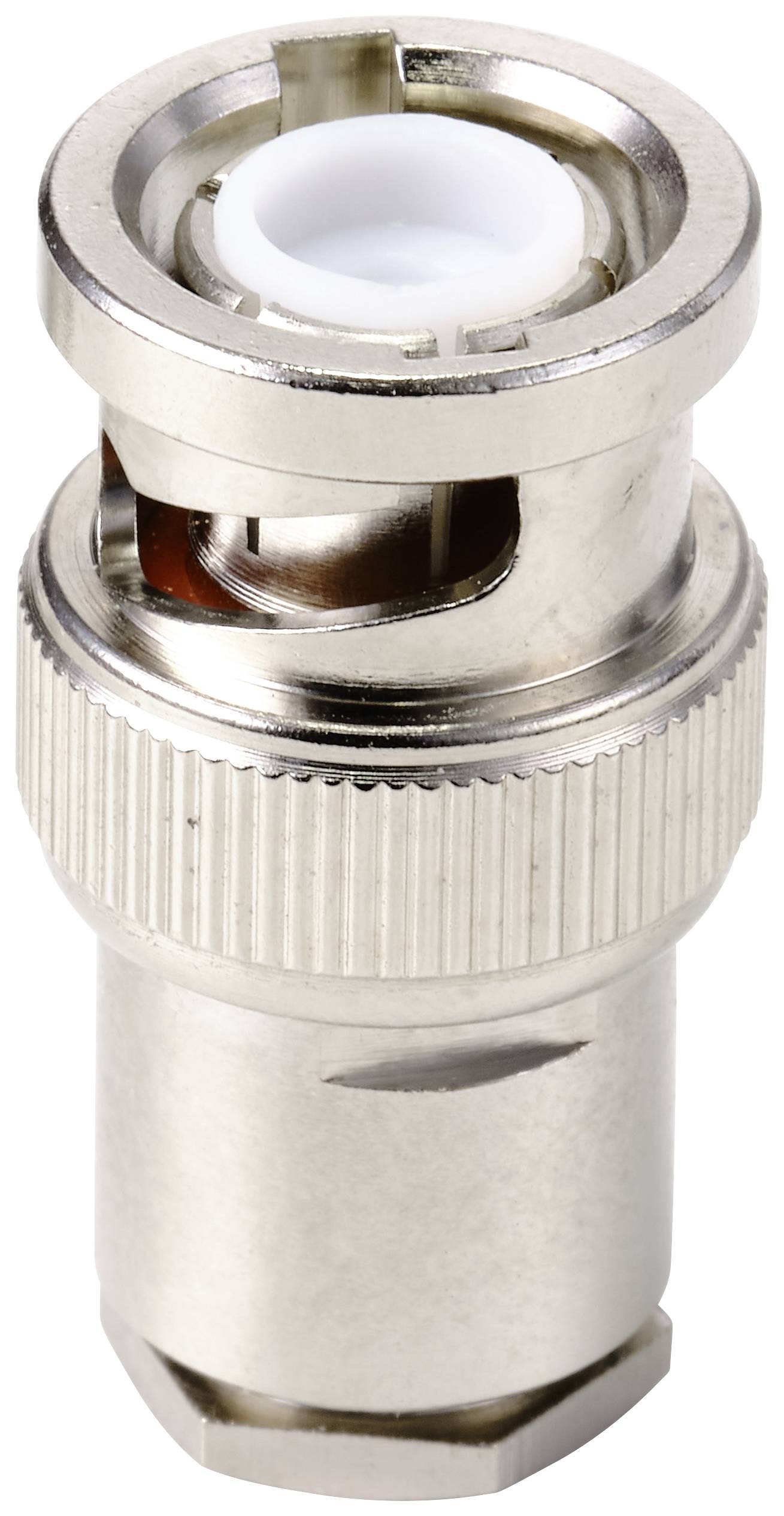 BNC-Stecker aus Metall mit Rändelmutter, seitliche Ansicht. Oft zur Verbindung von Koaxialkabeln in Video- und Netzwerkgeräten verwendet.