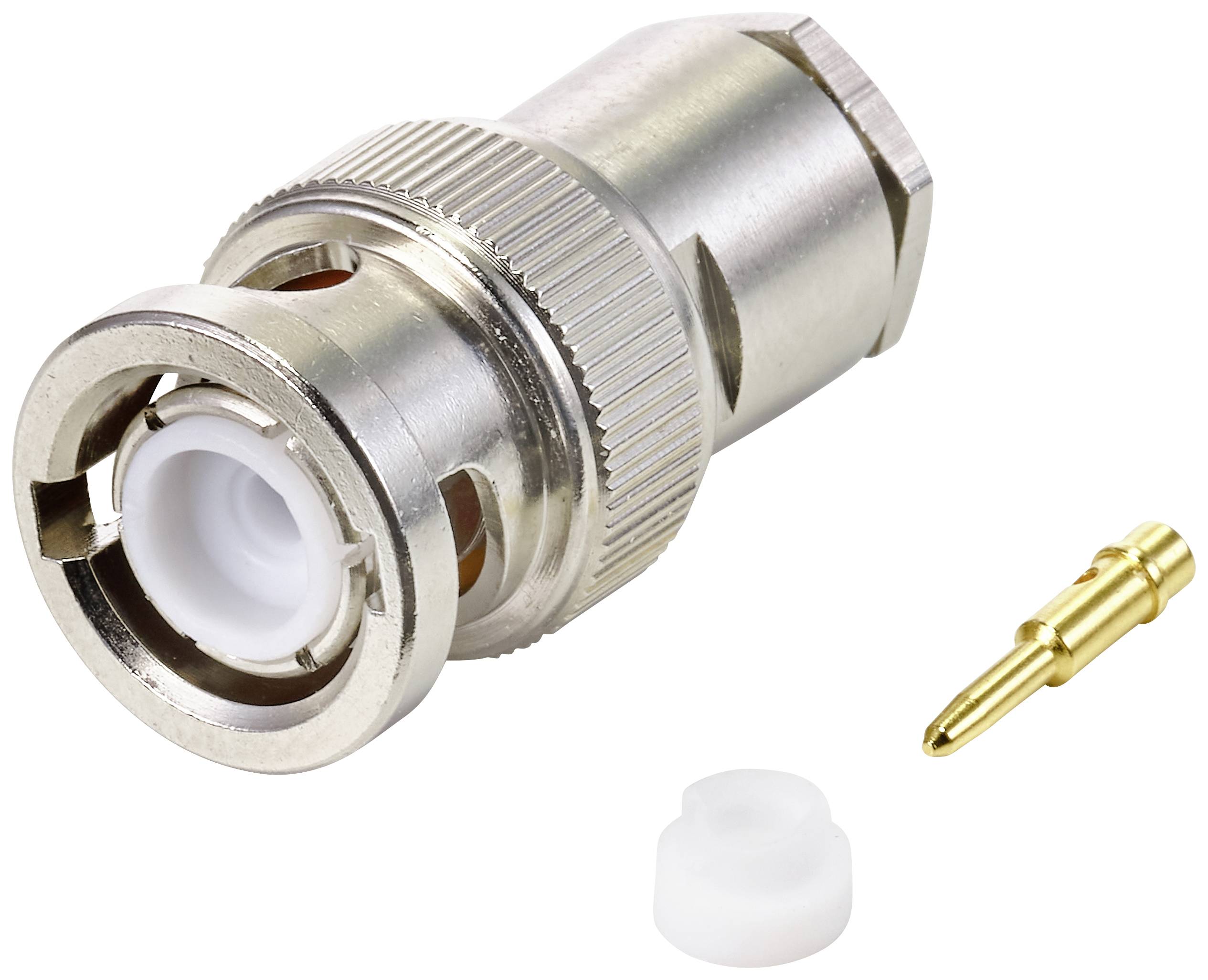 Metallischer Koaxialstecker bestehend aus einem Hauptgehäuse, einem goldenen Kontaktstift und einer weißen Kunststoffhülse.