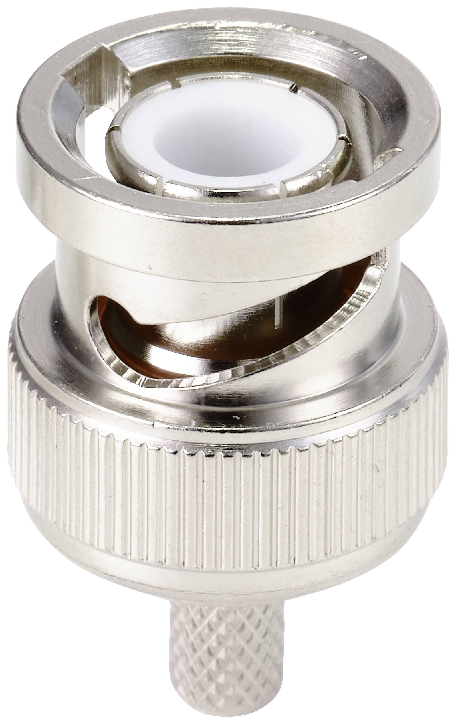 Metallischer Koaxialstecker in zylindrischer Form, geeignet für Video- und Audioverbindungen. Sichtbar sind Rillen für sicheren Halt.