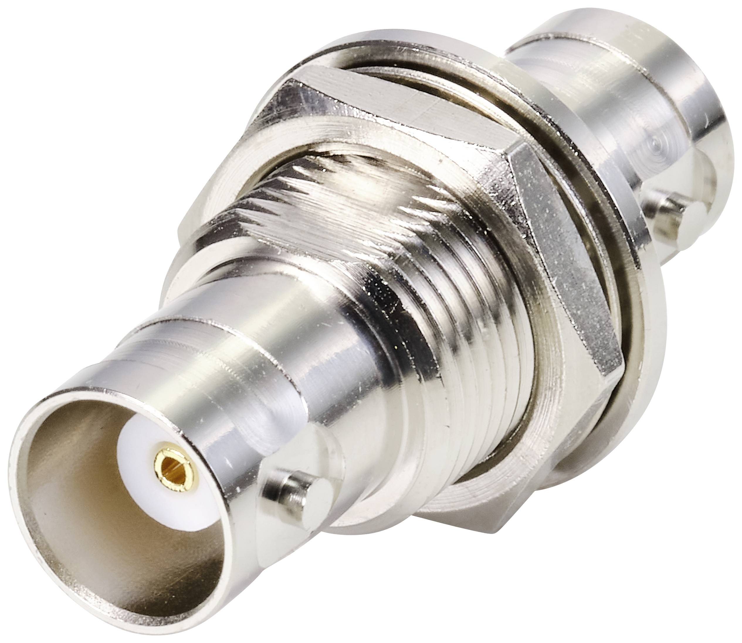 Metallischer BNC-Steckeradapter, der zwei Koaxialkabelverbindungen ermöglicht, oft in Video- und Netzwerktechnik verwendet.
