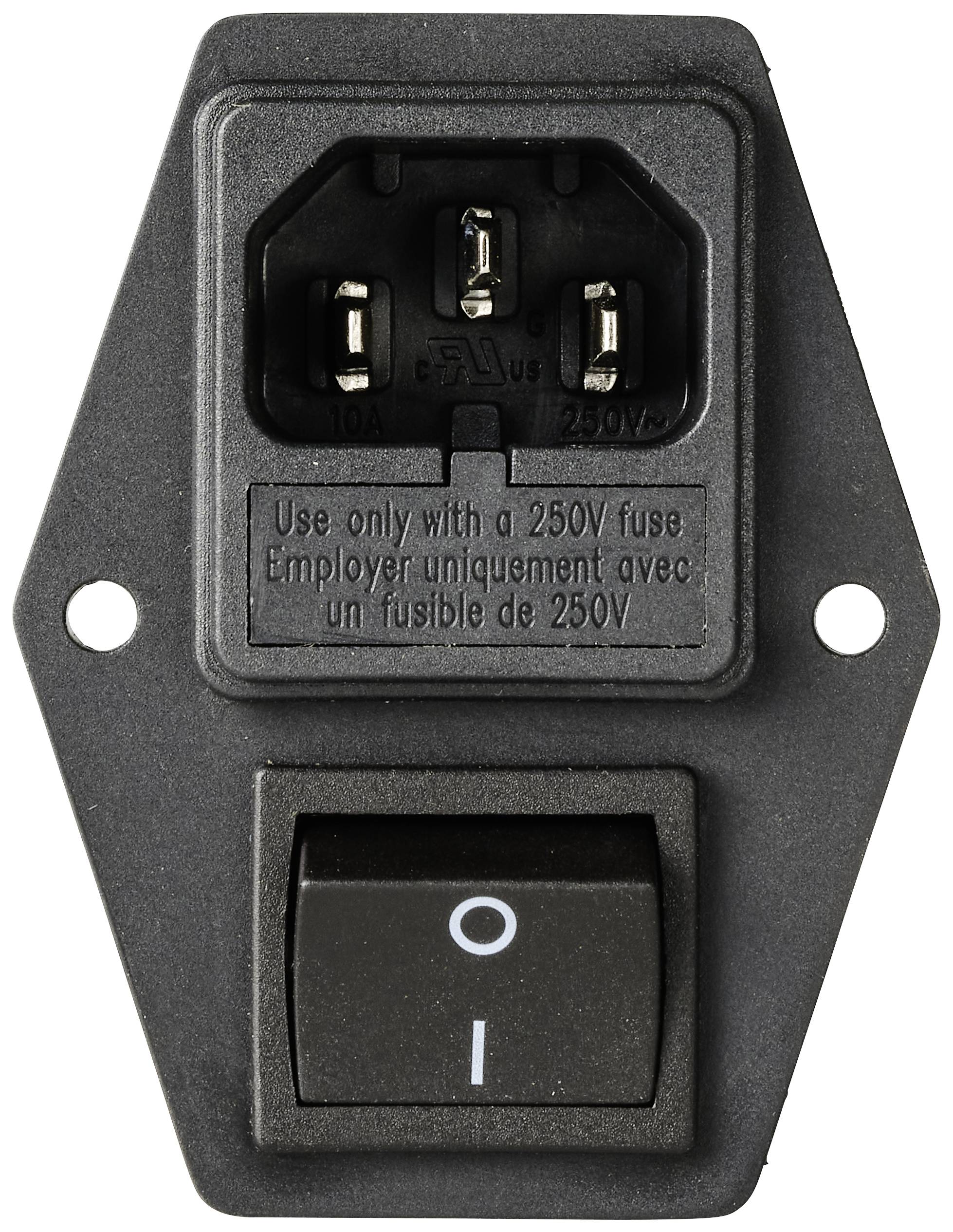 Ein schwarzer Geräteschalter mit integrierter Sicherungshalterung und Schalter im 'Ein'-Zustand. Text: 'Use only with a 250V fuse'.