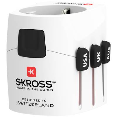 Reiseadapter mit verschiedenen Steckertypen (USA, UK, AUS), kompakt gestaltet. Markenname 'SKROSS', Design 'Schweiz'.