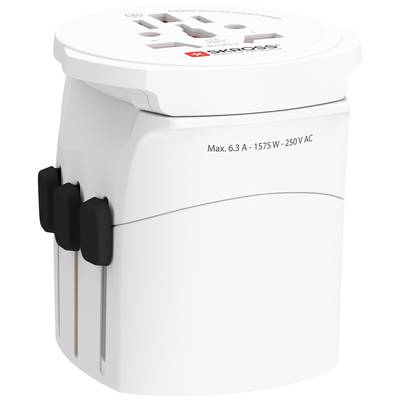 'Reiseadapter mit mehreren Steckdosenoptionen, geeignet für Steckdosen weltweit. Maximale elektrische Spezifikation: 6,3 A, 1575 W, 250 V AC.'