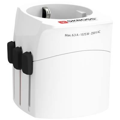 'Reisestecker-Adapter mit drei schwarzen Schiebereglern und der Aufschrift Max. 6.3 A - 1575 W - 250 V AC.'