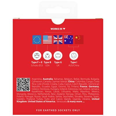 Das Bild zeigt eine Verpackungsrückseite mit Flaggen und Steckdosentypen für Geräte weltweit. Unterstützte Länder sind u.a. Deutschland, Brasilien, China und USA.