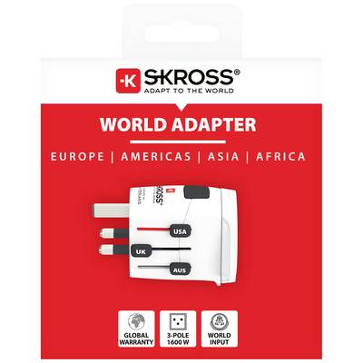 Internationale Steckdosenadapter-Verpackung von SKROSS. Adapter für Europa, Amerika, Asien, Afrika. Leistung: 3-polig, 1600 W.