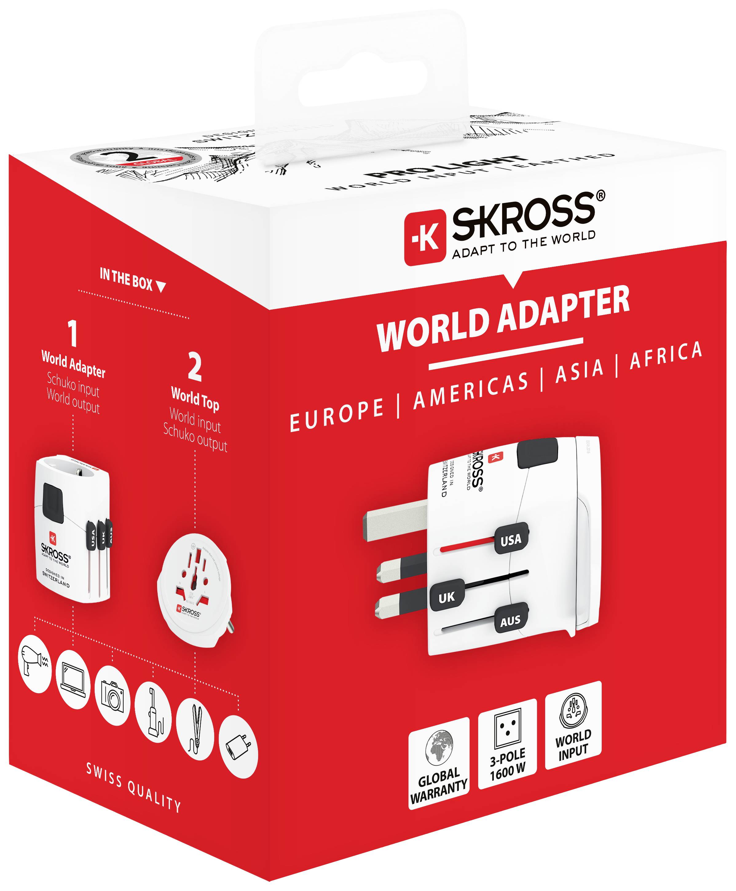 Verpackung eines SKROSS Weltadapters mit austauschbaren Steckern für Europa, Amerika, Asien und Afrika. Geeignet für 3-polige Geräte.