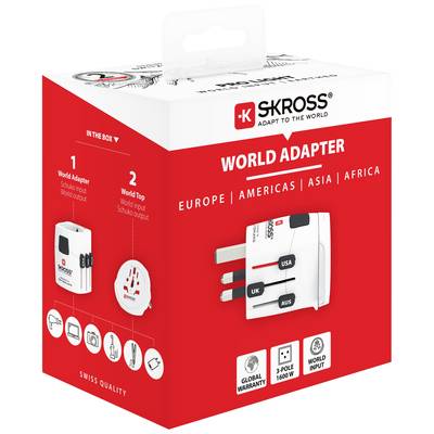 Verpackung eines SKROSS Weltadapters mit austauschbaren Steckern für Europa, Amerika, Asien und Afrika. Geeignet für 3-polige Geräte.