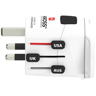 Ein weißer Reiseadapter mit aufschiebbaren Steckern für UK, USA und Australien. 'Xross' und 'Designed in Switzerland' sind aufgedruckt.