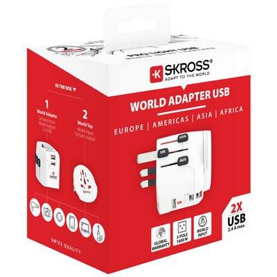 'Weltadapter USB' Verpackung von SKROSS, zeigt internationalen Steckeraufsatz für Europa, Amerika, Asien, Afrika mit 2 USB-Anschlüssen.